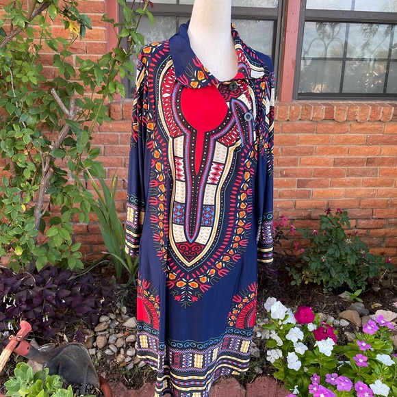 R & B Collections • Boho • Red/Blue • Geometric Design • Dress • Size X-Large - Picture 2 of 12